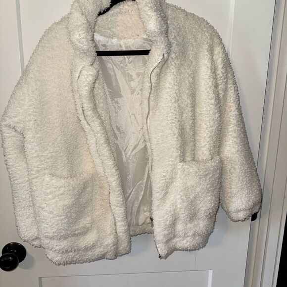 White Teddy Jacket with Plush Texture and Relaxed Fit - Picture 1 of 6
